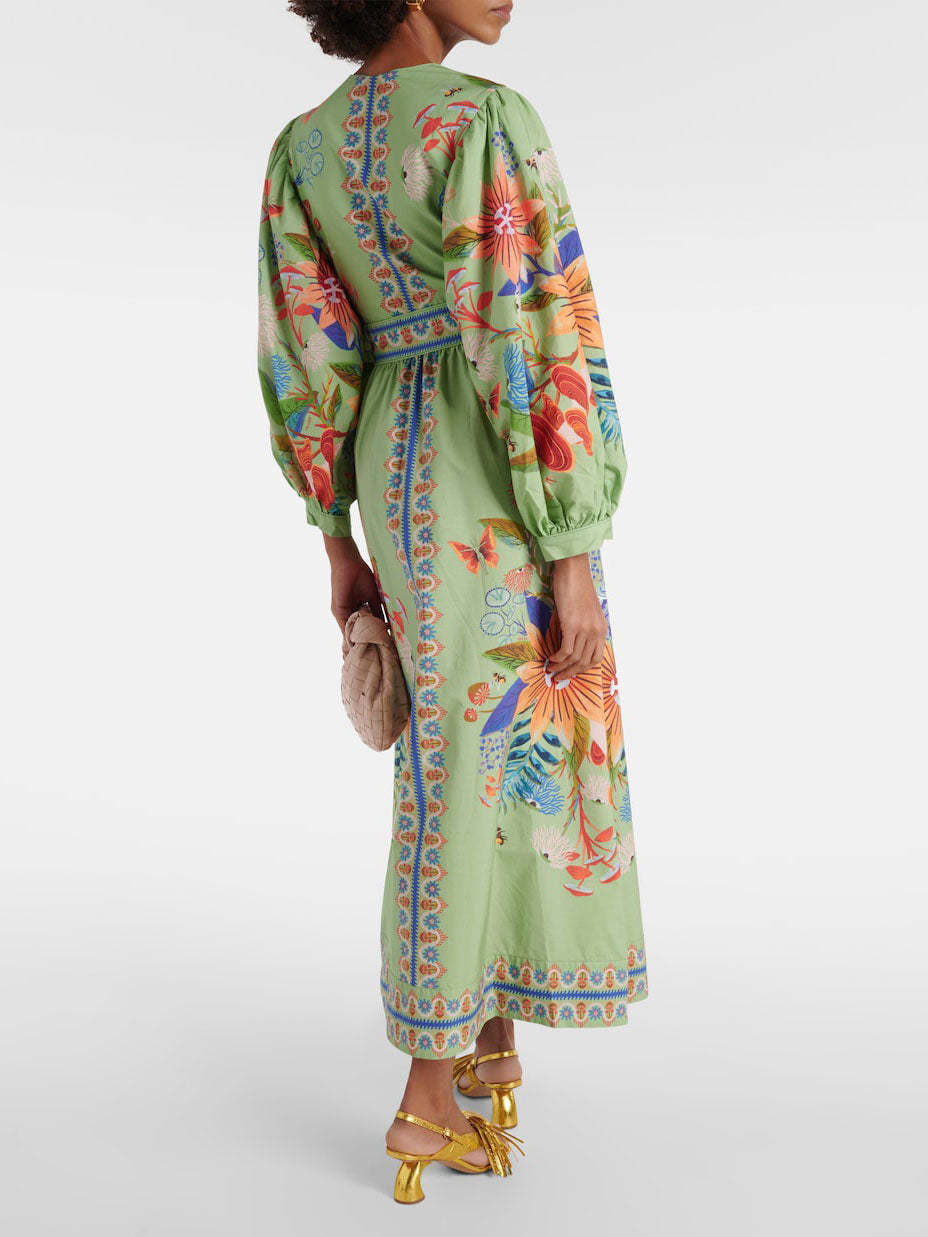 Botanical Print Deep V-Neck Balloon Sleeve Button Front Maxi Dress