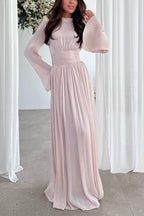 Mock Neck Long Sleeve Pleated Waistband Flowy Maxi Dress
