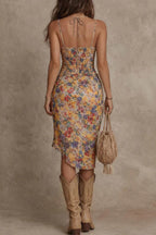 Unique Print Square Neck Spaghetti Strap Pleated Slim Fit Midi Dress