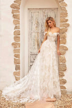 Off Shoulder Lace Applique Boned Wedding Dress