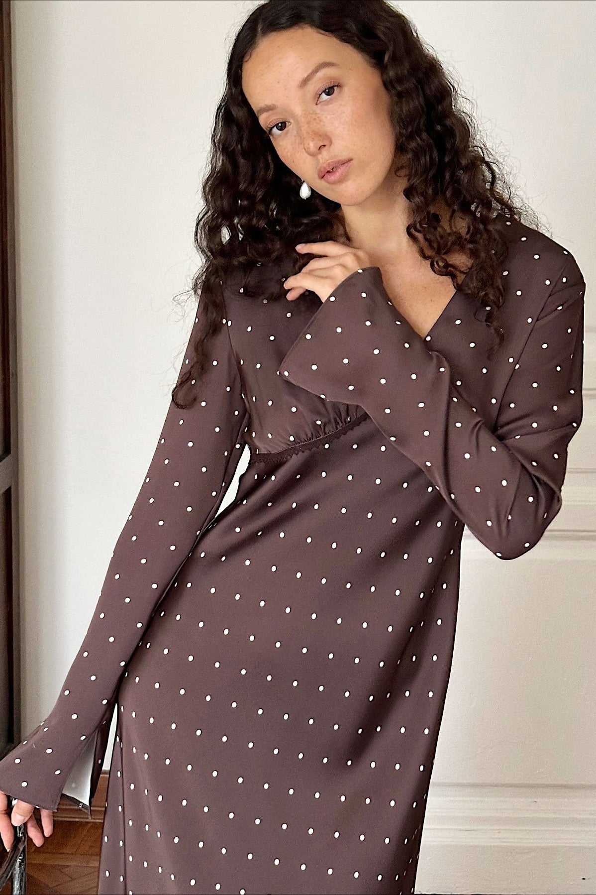 Polka Dot Satin Deep V-Neck Long Sleeve Lace Trim Empire Waist Midi Dress