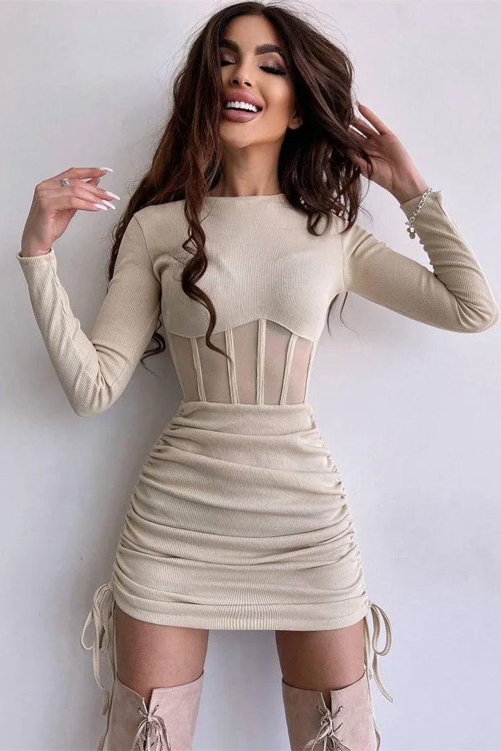 Knit Long Sleeve Corset Mesh Panel Ruched Drawstring Mini Dress