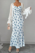 Chiffon Knit Patchwork V Neck Bodycon Floral Dress