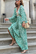 Ikat Print Deep V-Neck Bell Sleeve Tie Back Maxi Dress
