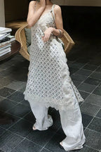 Beige Deep V Neck Eyelash Lace Geometric Print Layered Midi Dress