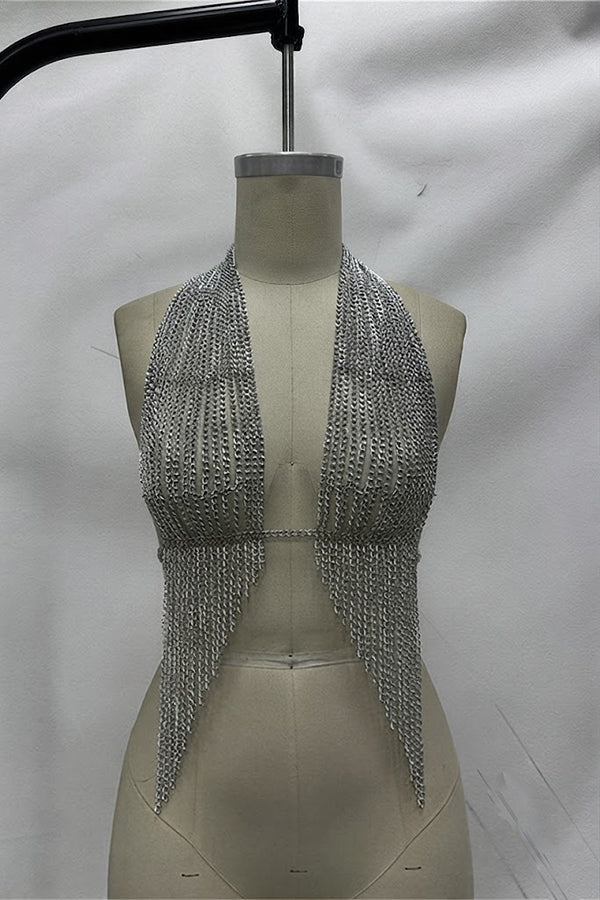 Silver Chainmail Tassel Halter Top Body Chain