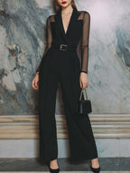 Black Mesh-Sleeve Tailored Wide-Leg Jumpsuit With Belt