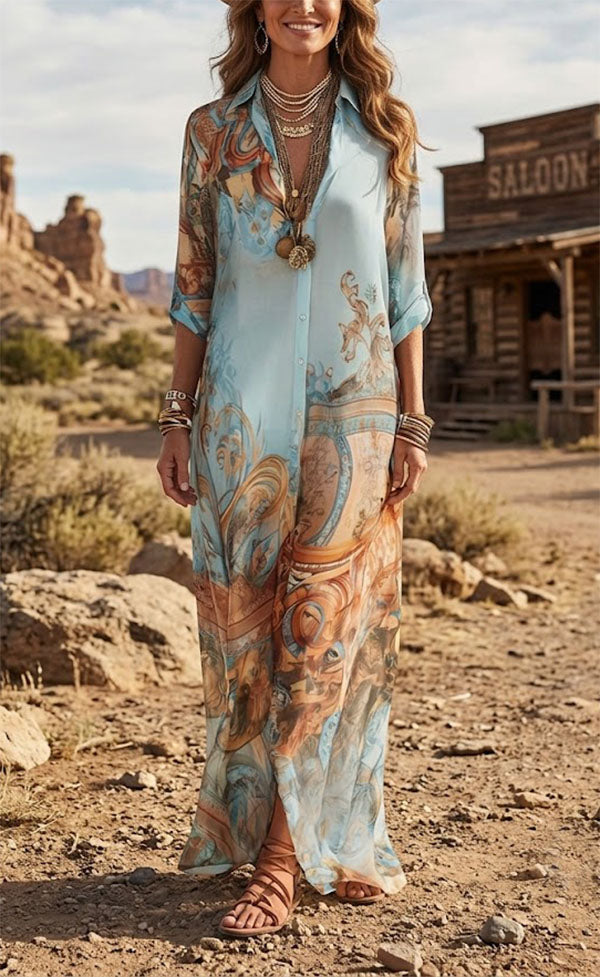 Boho Vintage Art Print Button Down Maxi Shirt Dress
