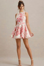 Floral Print Crew Neck Sleeveless Fit and Flare Skater Mini Dress