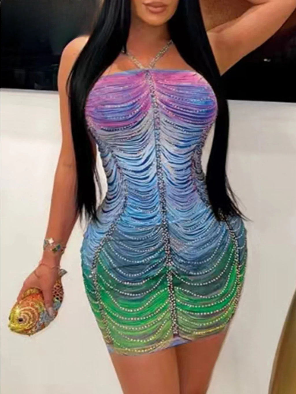 Rhinestone Fringe Layered Halter Neck Bodycon Mini Dress