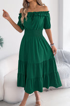 Stylish Off-shoulder Short-sleeved Pleated Waist Casual Midi Dress