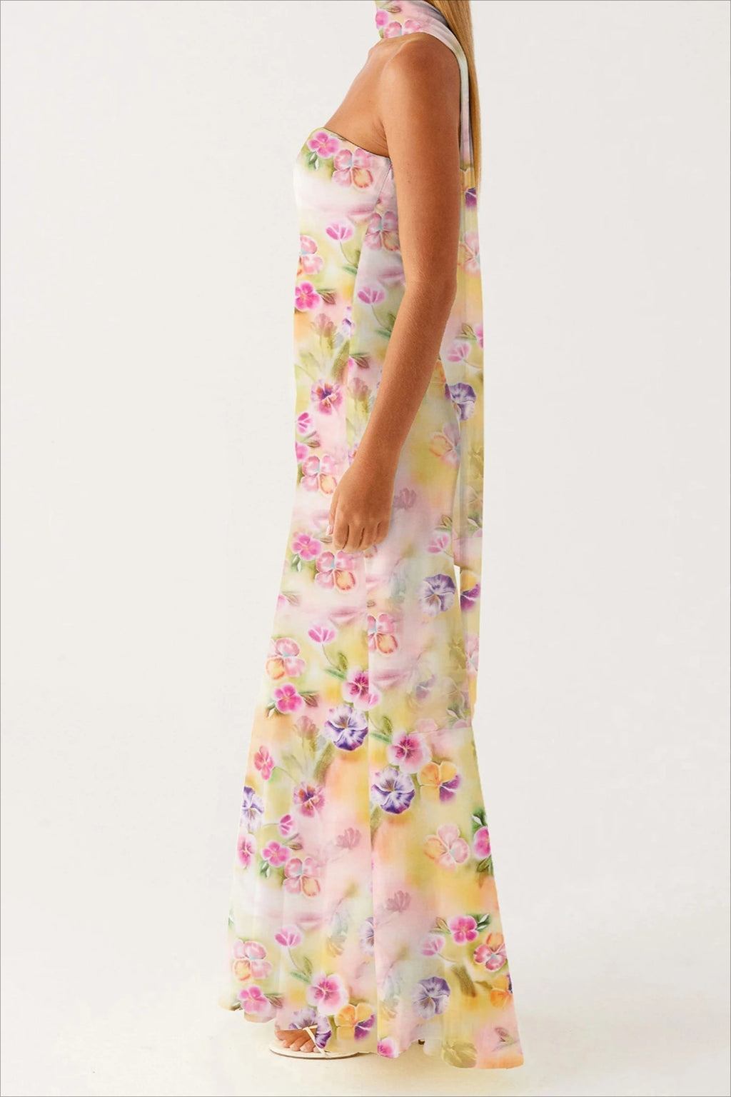 Floral Print Strapless Bodycon Maxi Dress with Matching Scarf