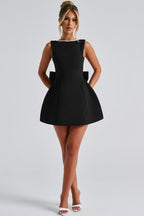 Scoop Back Pearl Trim Oversized Bow Back Mini Dress