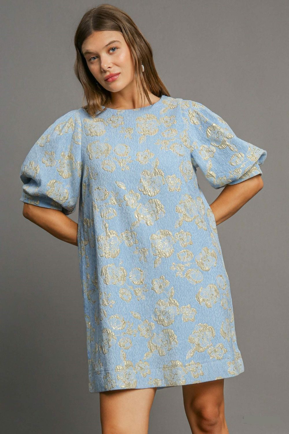Eva Timeless Floral Jacquard Mini Dress with Puff Sleeves Premium Wardrobe Essential