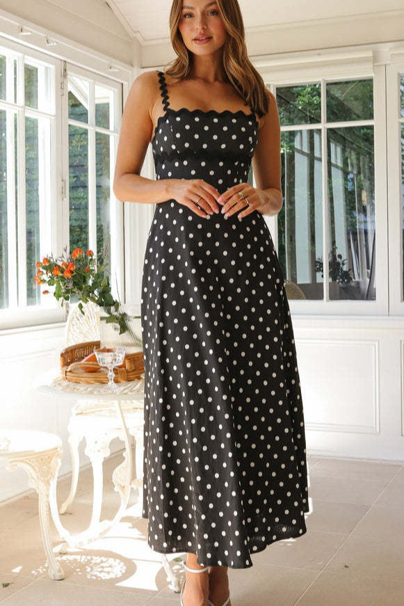 Polka Dot Square Neck Ric Rac Trim Cami A-Line Midi Dress