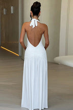 Halter Neck Plunging V-Neck Ruched Waist High Thigh Slit Maxi Dress