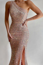 Sequin One Shoulder Beaded Trim High Split Bodycon Maxi Gown