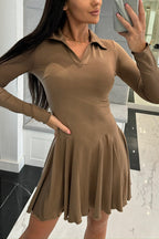Polo Collar Deep V-Neck Paneled Skater Lettuce Hem Mini Dress
