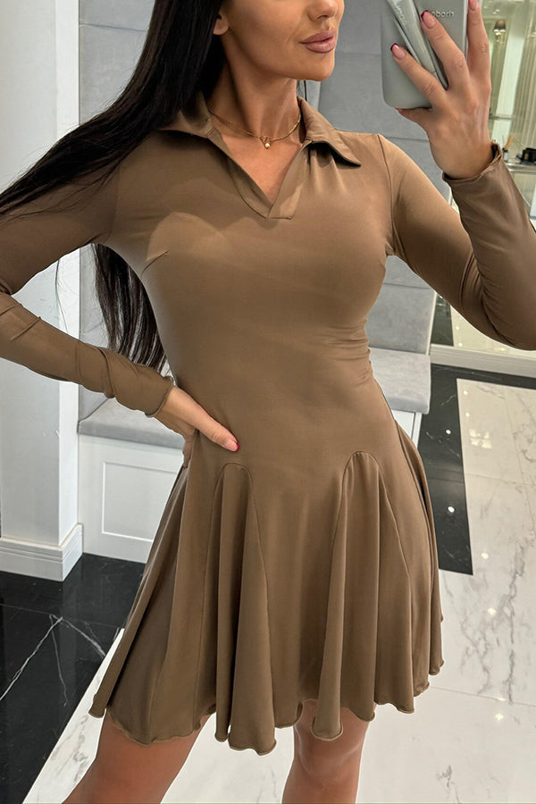 Polo Collar Deep V-Neck Paneled Skater Lettuce Hem Mini Dress