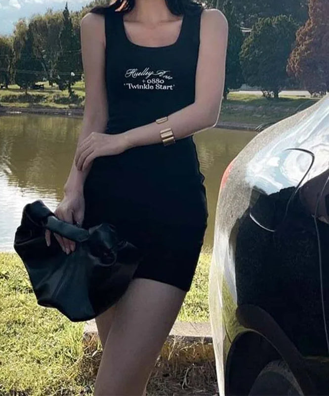 Ribbed Knit Letter Print Scoop Neck Tank Bodycon Mini Dress