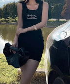Ribbed Knit Letter Print Scoop Neck Tank Bodycon Mini Dress