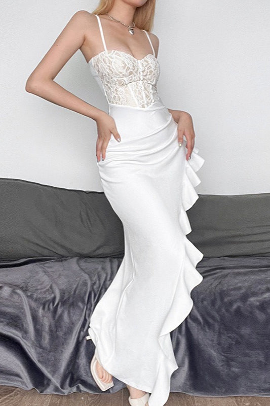 White Lace Ruffle Hem Bodycon Dress