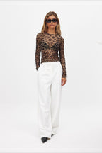 Leopard Print Mesh-Printed Slim Fitted Blouse