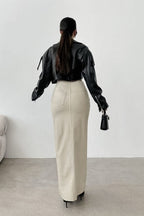 High-Waist Khaki PU Skirt