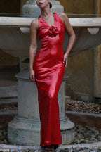 Sequin Deep V-Neck 3D Floral Applique Bodycon Maxi Gown