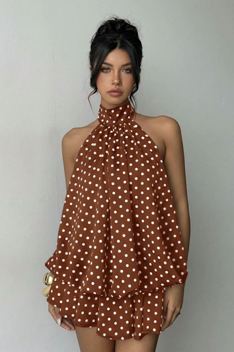 Halter High Neck Tiered Ruffle Polka Dot Romper Dress