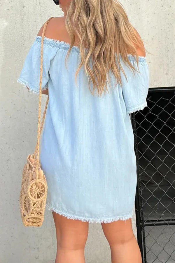 Off Shoulder Denim Button Front Frayed Trim Shift Mini Dress