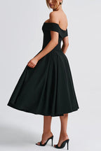 Off Shoulder Foldover Cuff Pleated Pocket Fit and Flare Midi Dress
