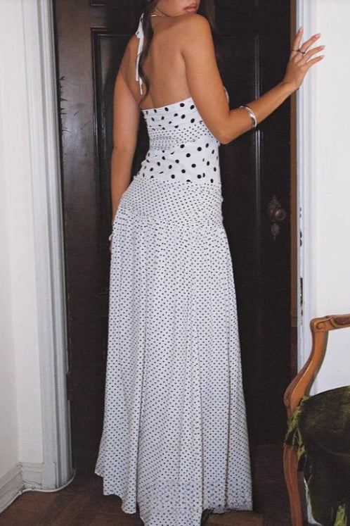 Polka Dot Halter Sweetheart Bustier Paneled Mermaid Maxi Dress