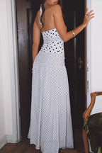 Polka Dot Halter Sweetheart Bustier Paneled Mermaid Maxi Dress