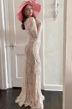Lace Long Sleeve Ruched Mermaid Maxi Gown
