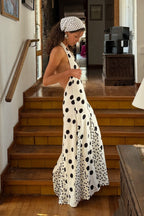 Mixed Scale Polka Dot Halter Deep V-Neck Backless Maxi Dress