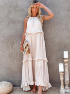 High Neck Smocked Halter Sleeveless Tiered Ruffle Maxi Dress