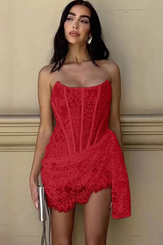 Strapless Corset Boned Floral Lace Draped Ruffle Asymmetrical Hem Mini Dress