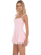 Bow Strap Shimmer Ruffle Dress in Pink