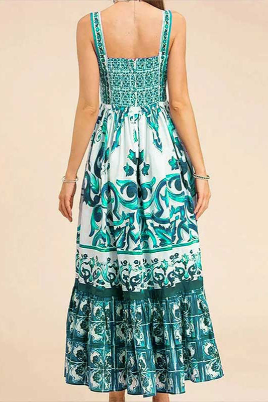 Wide Strap Sweetheart Baroque Print Tiered Ruffle Maxi Dress