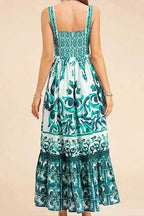 Wide Strap Sweetheart Baroque Print Tiered Ruffle Maxi Dress