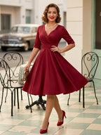 Vintage 1950s Swing Cocktail Dress for Women - V Neck Short Sleeve A-Line Ruched Bust Rockabilly Midi Gown - Wedding Guest 2026