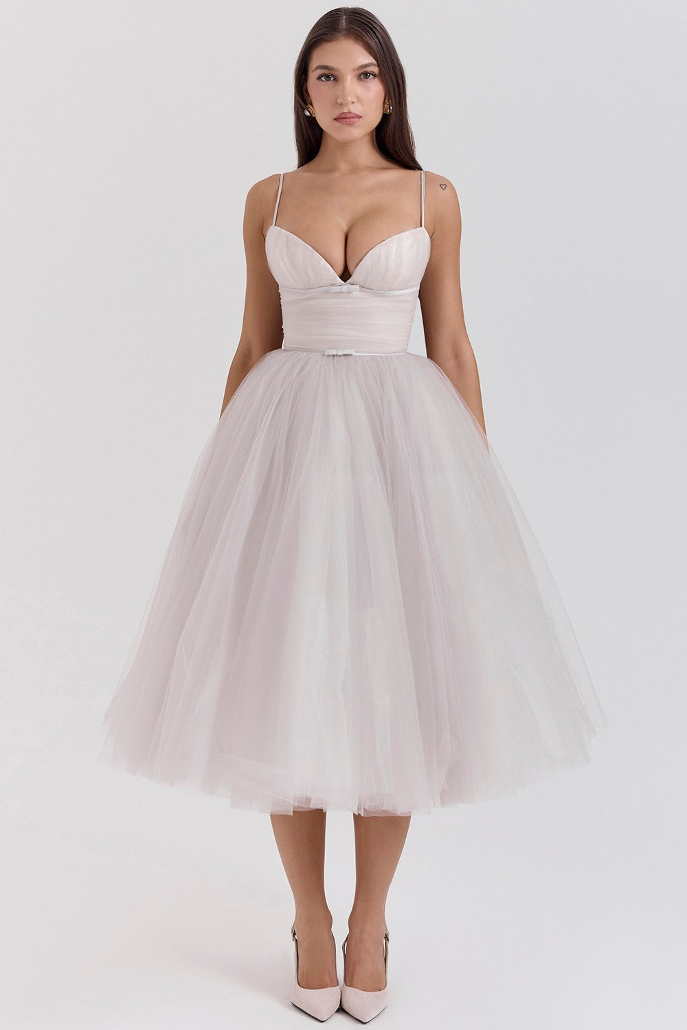 Ruched Sweetheart Pleated Bodice Tulle Layered Skirt Spaghetti Strap Midi Dress