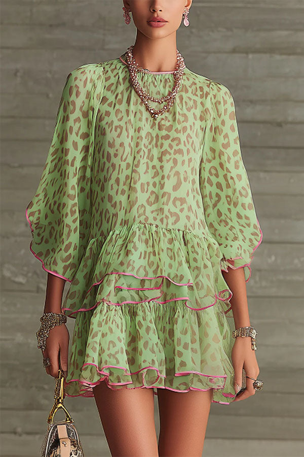 Amara Green Leopard Print Tiered Ruffle Mini Dress