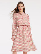 Polka Dot Mock Neck Button Front Ruffle Cuff Fit and Flare Midi Dress