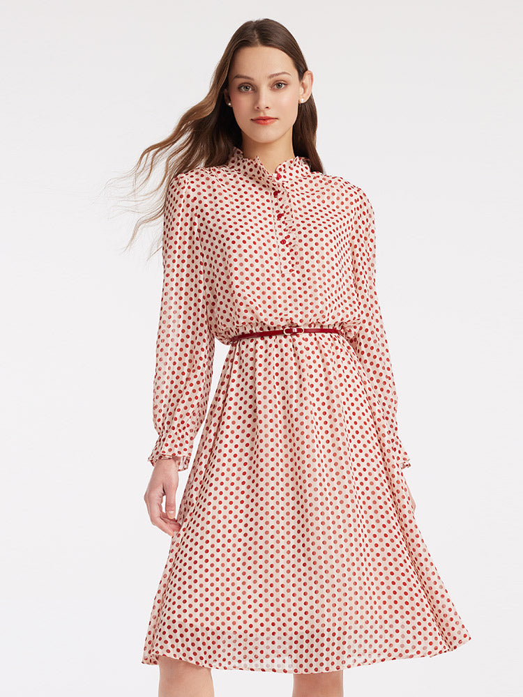 Polka Dot Mock Neck Button Front Ruffle Cuff Fit and Flare Midi Dress