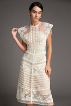 Floral Lace High Neck Flutter Sleeve Tiered Scallop Trim Midi Dress