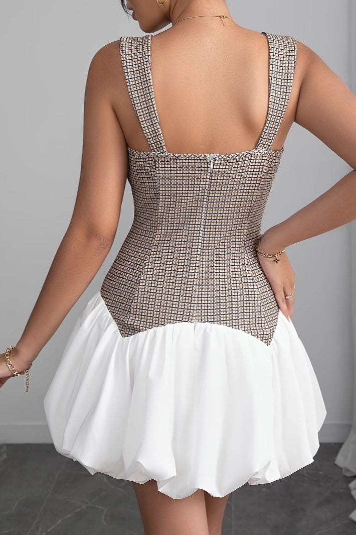 Plaid Square Neck Bubble Hem Fit and Flare Mini Dress
