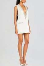 Elegant Demeanor Satin Gemstone Trim Deep V-Neck Tank H-line Mini Dress
