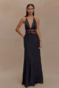 Satin Halter Deep V-Neck Lace Waist Panel Maxi Gown